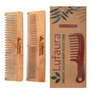 Lufaura Natural Organic Neem Wood Comb, Soaked In Herb Oil For Multi-Actions – Detangling, Frizz Control and Shine, Non Static, For Men and Women, For All Hair Types-(Dualtooth + Wide Bounce Large)